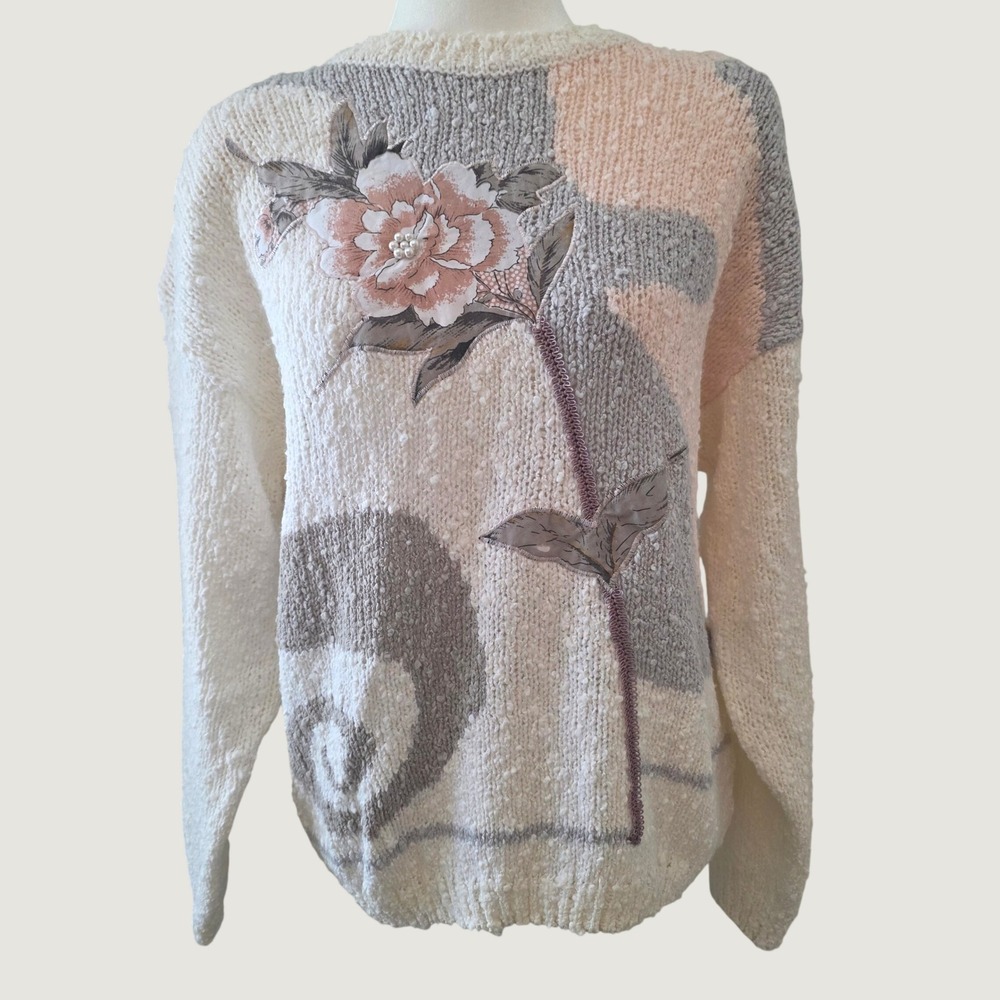Shenanigans Sweater Autumn Cream Pink Floral Pearl Cottagecore Grandmacore Twee
